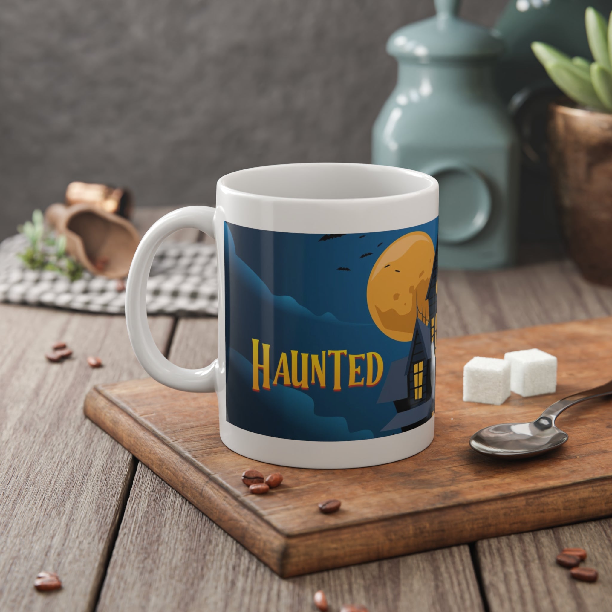 Haunted House Under Full Moon | Halloween Night with Bats | White Ceramic Mug